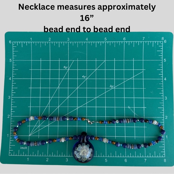 Glass Floral Pendent and Mixed Media Necklace in Shades of Blue & Silver tones. - Picture 10 of 13